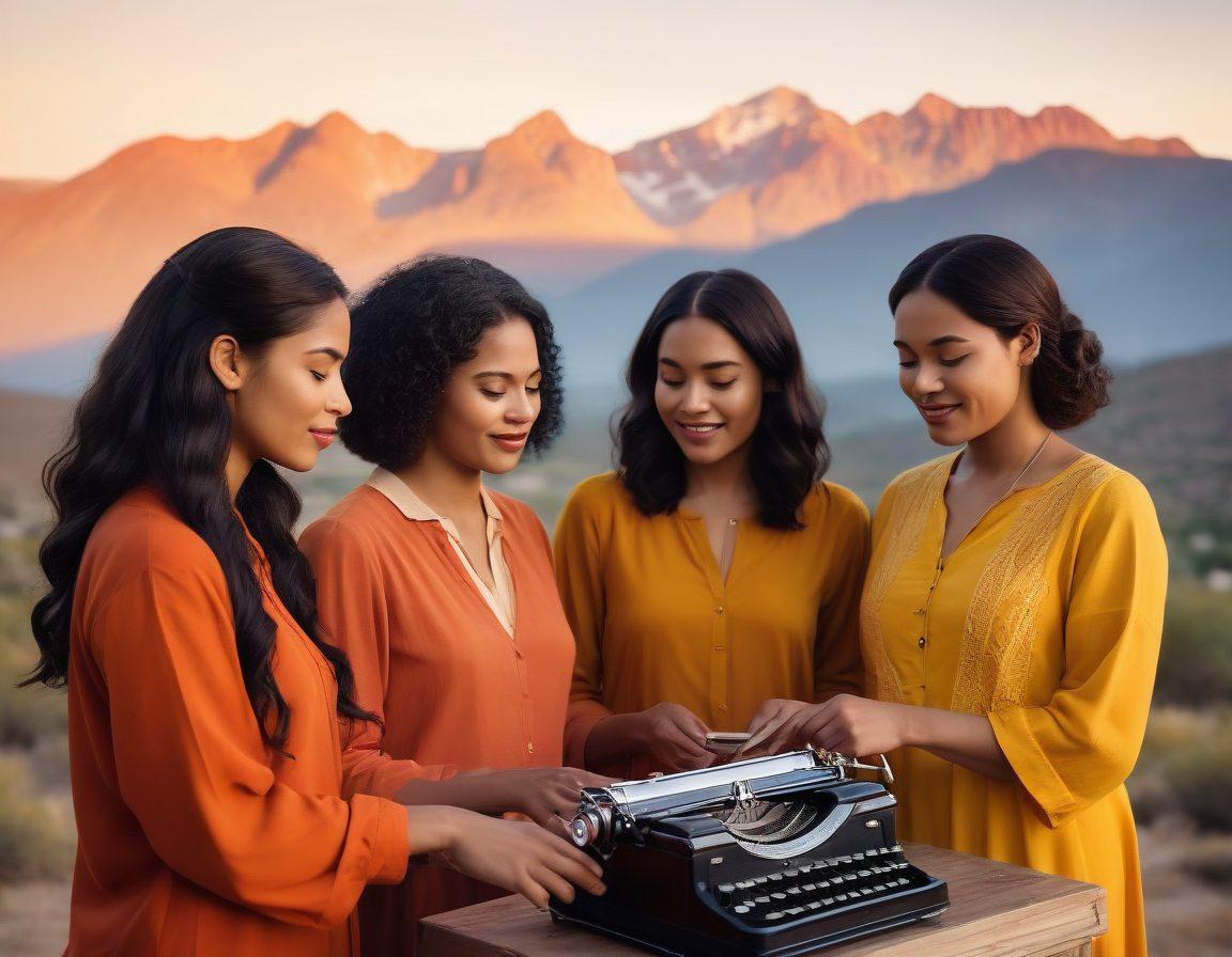 A powerful, diverse group of women of different ethnicities gathered around a vintage typewriter, passionately sharing their stories on colorful notepads. Behind them, an ethereal landscape symbolizes strength, with mountains and a sunrise representing hope and inspiration. The atmosphere is filled with warm light, showcasing unity and empowerment. super-realistic. vibrant colors. inspirational.