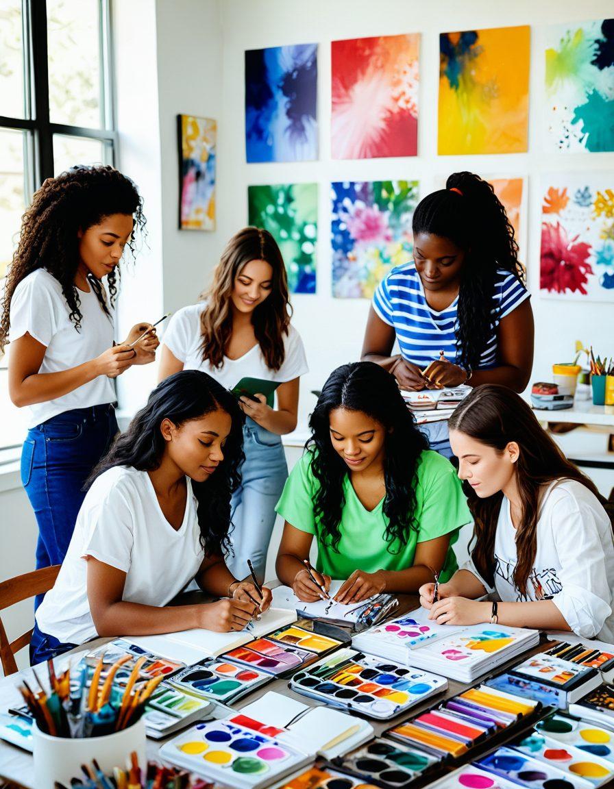 A vibrant scene depicting a diverse group of young women engaged in various creative activities, such as painting, writing, and designing, surrounded by colorful art supplies and inspirational quotes. The atmosphere is filled with energy and empowerment, symbolizing girl power. Incorporate elements that represent different cultures and backgrounds, emphasizing unity and creativity. super-realistic. vibrant colors. white background.